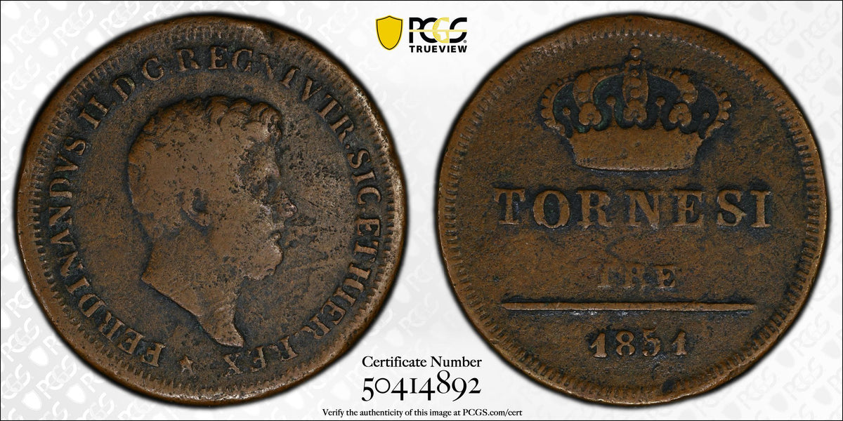 Italia - 1851 - Napoles y Sicilia - 3 Tornesi - Certificada