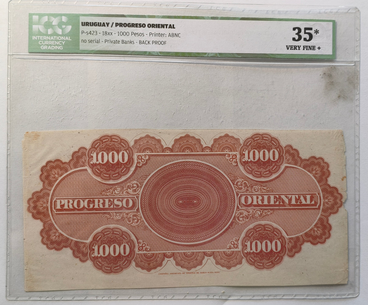 Uruguay - 1883 - 10 Pesos, Banco Progreso Oriental - Prueba del reverso