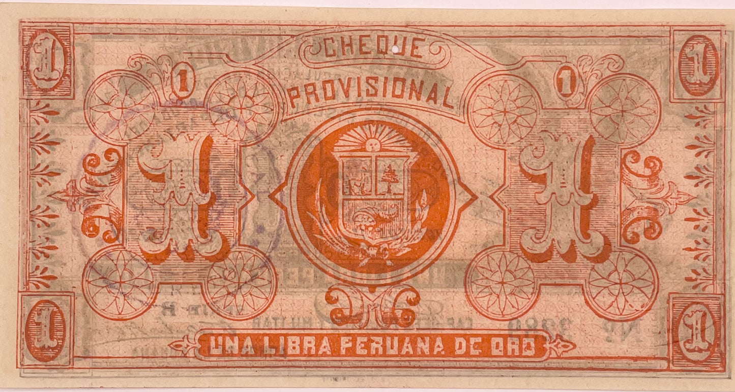 Perú - 1921 - Cheque Provisional - 1 Libra Peruana de Oro