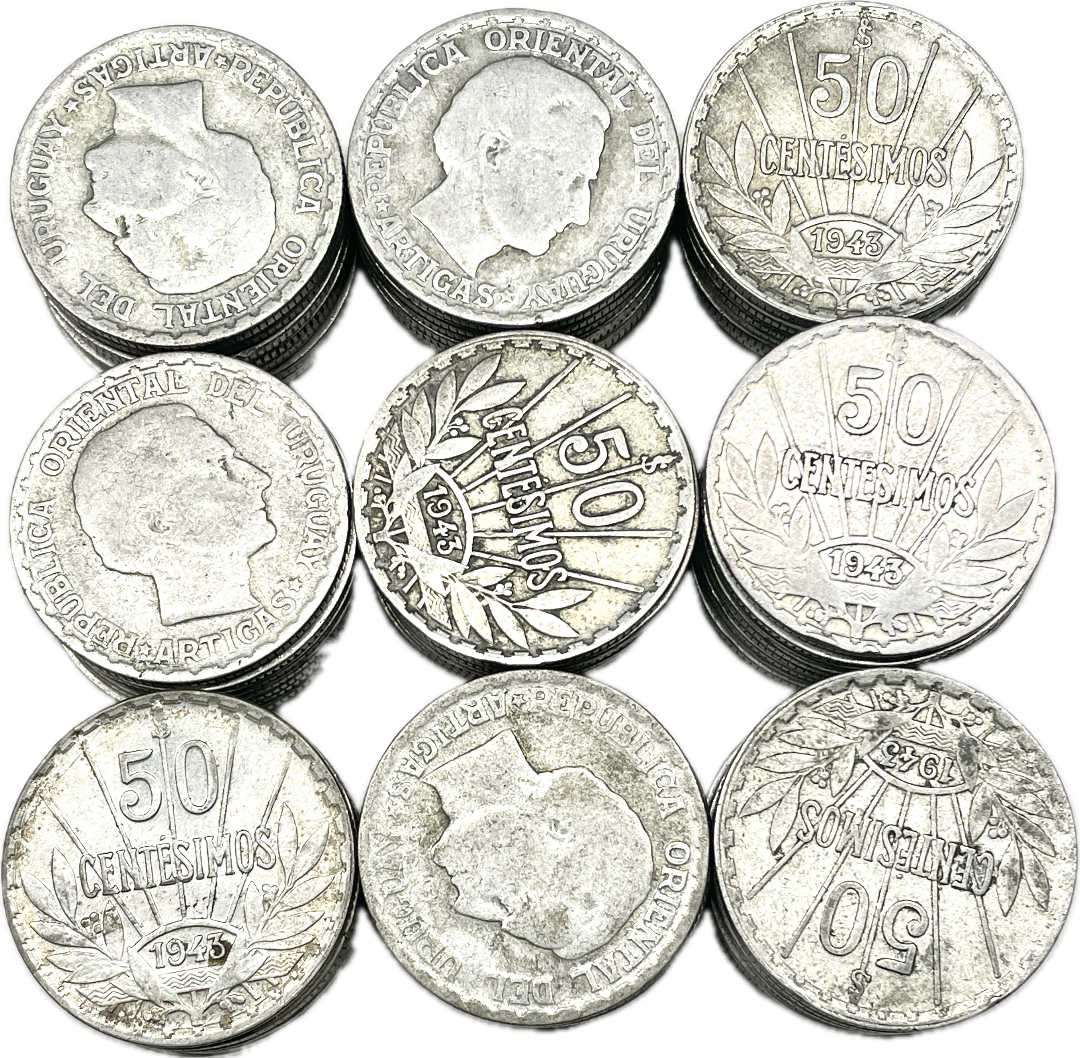 ½ Kilo de monedas de Plata - Uruguay - 1943 - 50 Cent