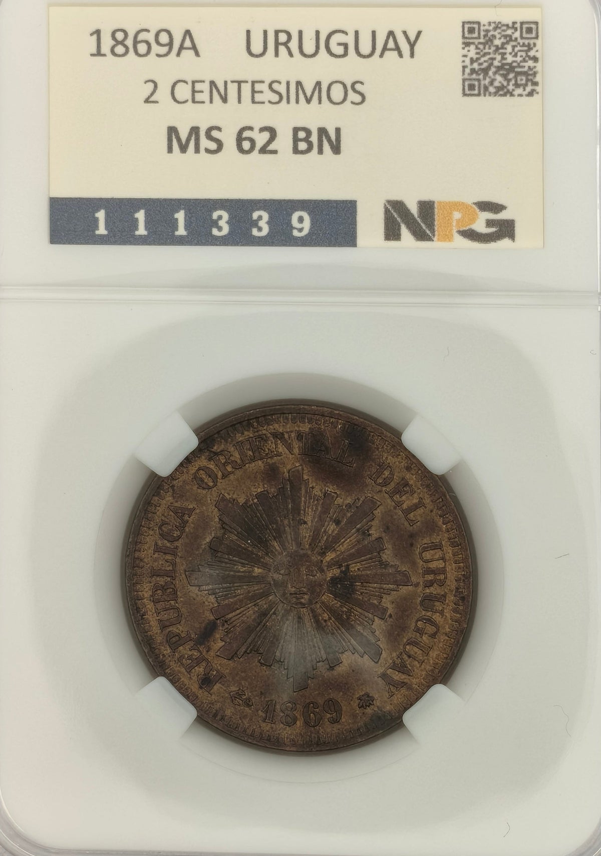Uruguay - 1869 A - 2 Centésimos - Certificada NPG MS 62