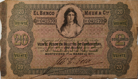 Uruguay - 1871 - 20 Pesos, El Banco Maua & Cia
