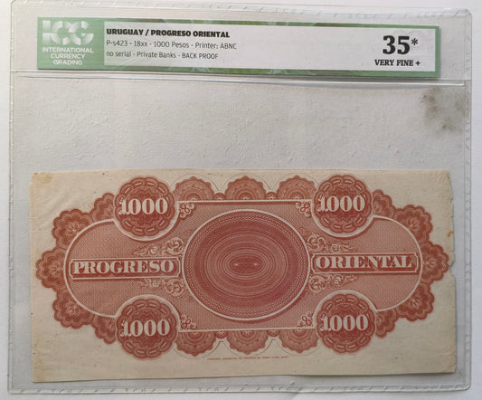 Uruguay - 1883 - 10 Pesos, Banco Progreso Oriental - Prueba del reverso