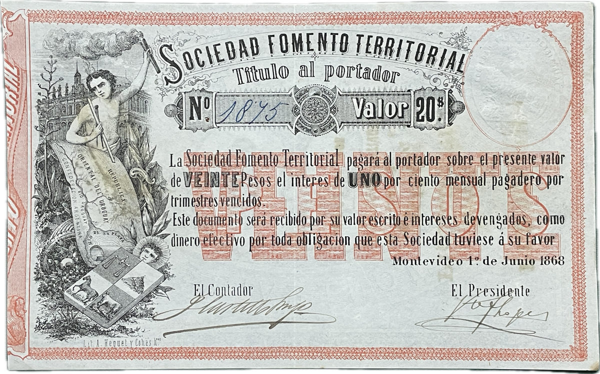 Uruguay - 1868 - 20 Pesos, Sociedad Fomento Territorial