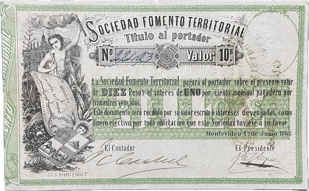 Uruguay - 1868 - 10 Pesos, Sociedad Fomento Territorial