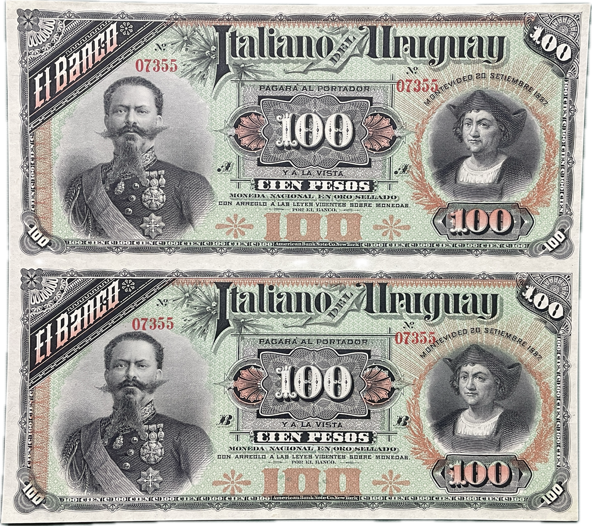 Uruguay - 1887 - 100 Pesos - Plancha de 2 billetes - El Banco Italiano