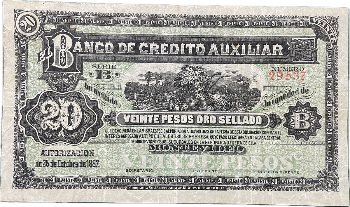 Uruguay - 1887 - 20 Pesos - Banco de Credito Auxiliar - Sin Circular