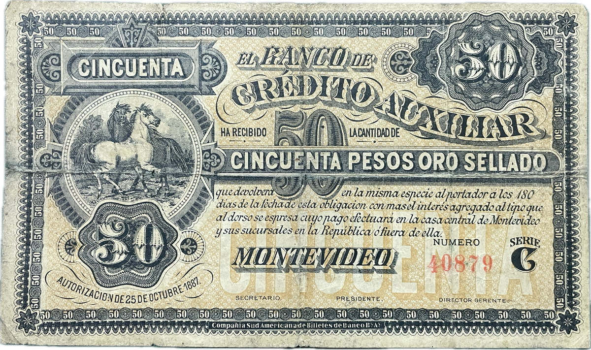Uruguay - 1887 - 50 Pesos, Banco de Crédito Auxiliar