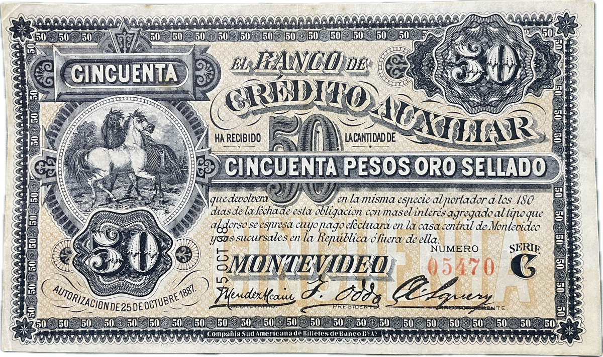 Uruguay - 1887 - 50 Pesos, Banco de Crédito Auxiliar