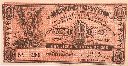 Perú - 1921 - Cheque Provisional - 1 Libra Peruana de Oro