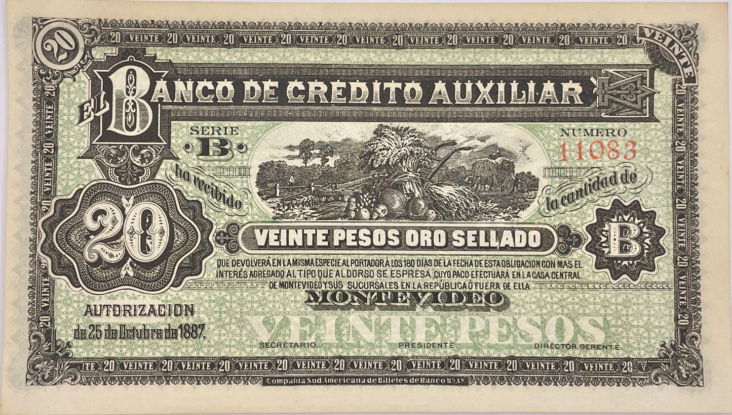 Uruguay - 1887 - 20 Pesos  - Banco de Crédito Auxiliar