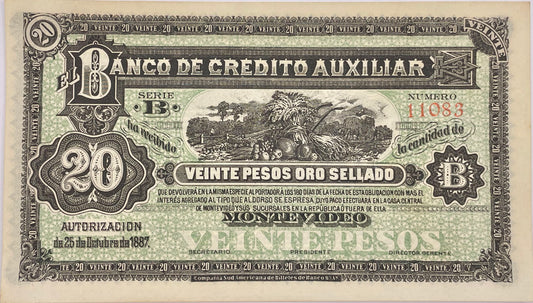 Uruguay - 1887 - 20 Pesos  - Banco de Crédito Auxiliar